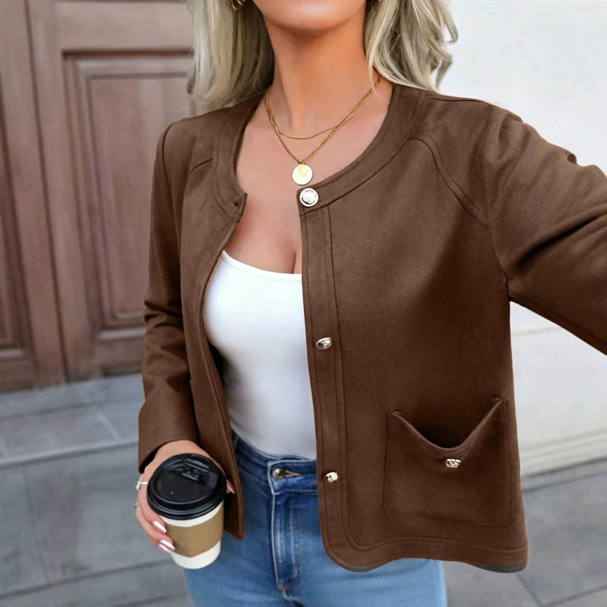 Women's button-front long-sleeve cardigan blazer in a structured design