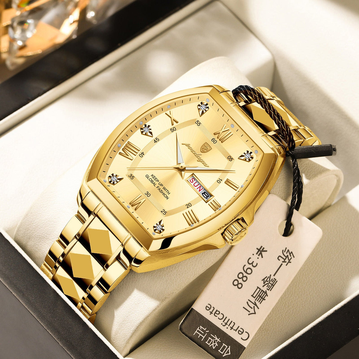 Waterproof luminous barrel-shaped quartz men's watch with a dark dial and classic strap