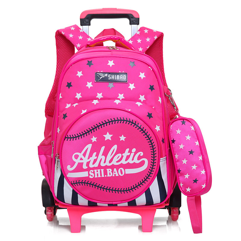 Waterproof children's three-wheeled trolley school bag with pull handle and rolling wheels
