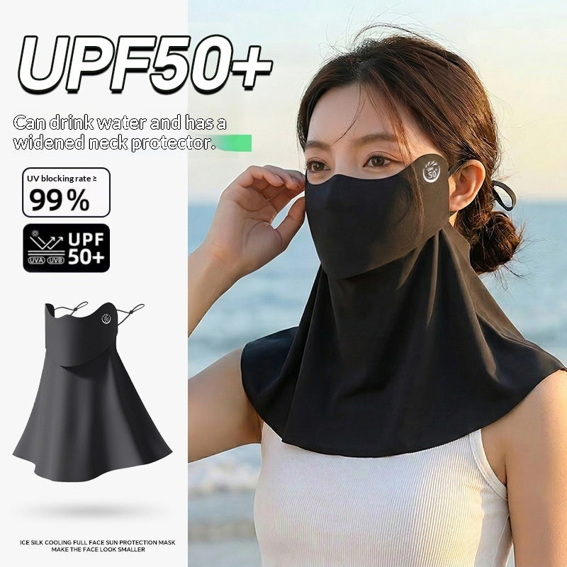 Women's half-face breathable UV-protective sun mask in black fabric, covering the nose, cheeks, and chin