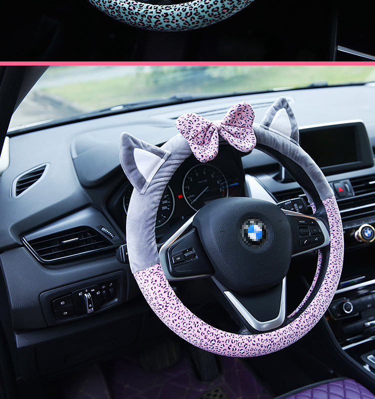 Cute cat ear short plush steering wheel cover in soft gray, featuring playful cat ears and cozy texture