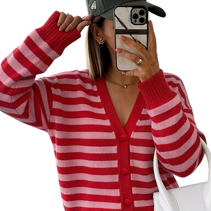 Women’s contrasting-color striped knitted V-neck coat by My Store