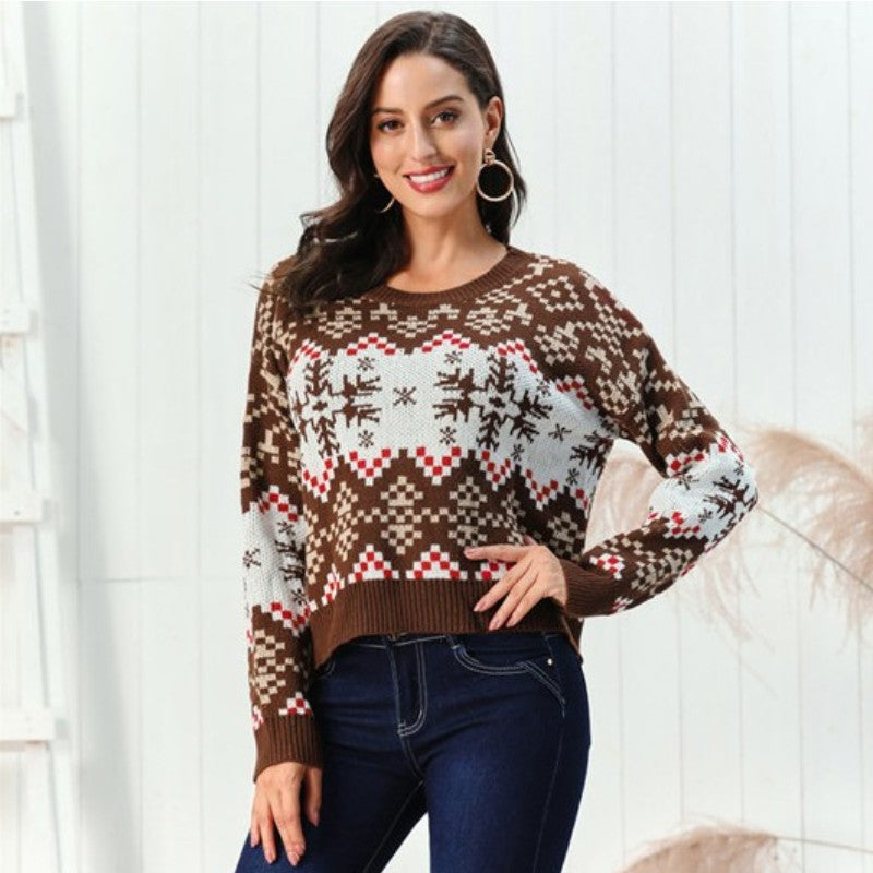 Women's Christmas pullover round-neck sweater with snowflake pattern 久久精品