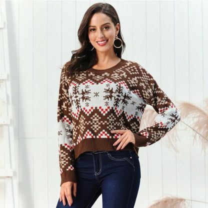 Women's Christmas pullover round-neck sweater with snowflake pattern 久久精品