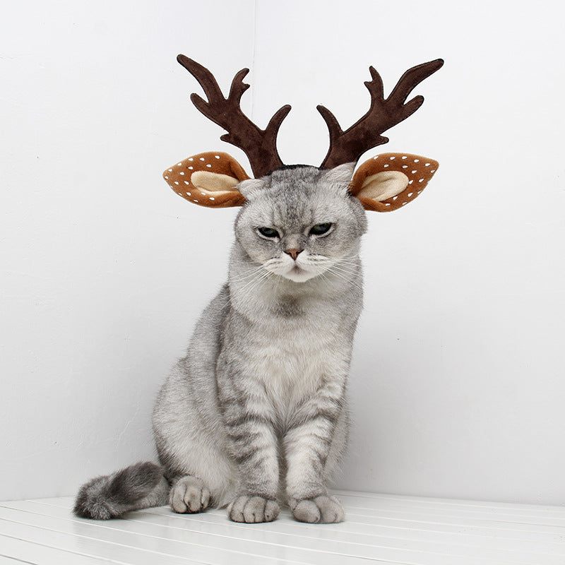 Cute plush pet Christmas antler headband with soft festive reindeer antlers in red and white.decorate