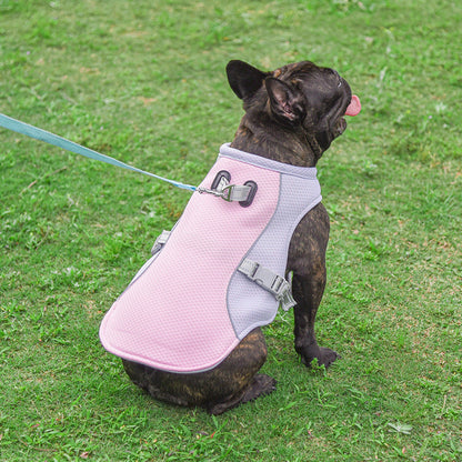 Summer pet outdoor breathable cooling vest in blue mesh fabric with adjustable straps, front view
