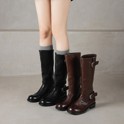 Women's chunky low-heeled leather round-toe knee-high boots in black