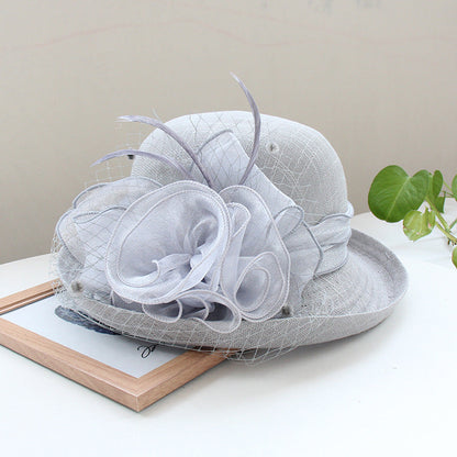 Banquet flower top hat with curled brim sun hat, featuring decorative flowers and a wide curved brim