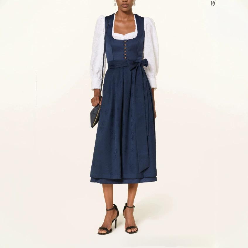 Lace-up bow long French-style dress for elegant workwear in a flowing silhouette