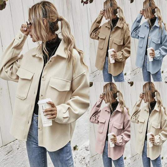 Women's winter woolen coat, lapel collar, single-breasted design, thickened solid-color loose short jacket