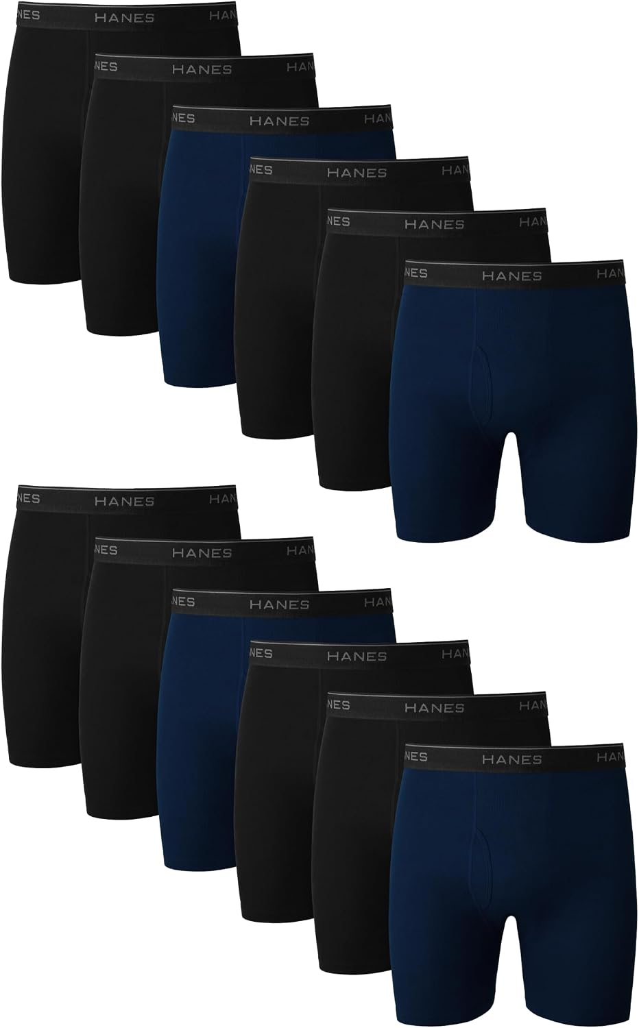 Hanes men's boxer briefs pack featuring cool, breathable cotton with moisture-wicking fabric and a no-ride-up design.