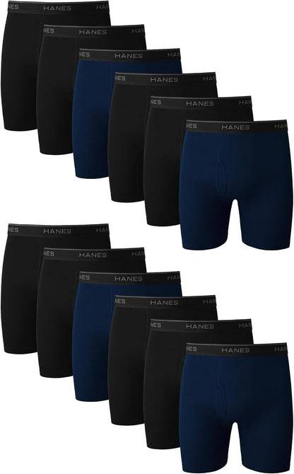 Hanes men's boxer briefs pack featuring cool, breathable cotton with moisture-wicking fabric and a no-ride-up design.