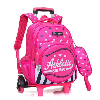 Waterproof children's three-wheeled trolley school bag in a durable rolling design