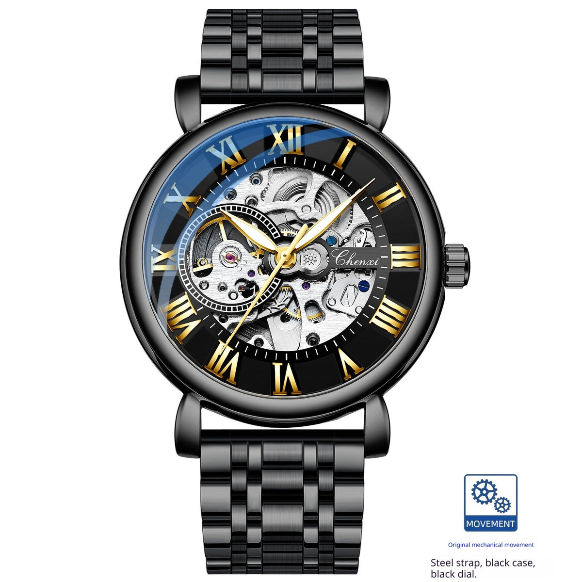 Hollow waterproof luminous automatic mechanical watch with open-work dial and visible movement