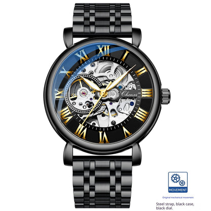 Hollow waterproof luminous automatic mechanical watch with open-work dial and visible movement