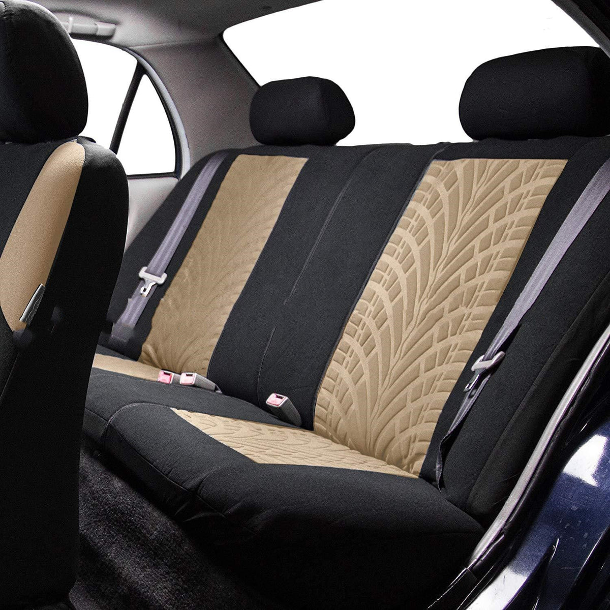 Tire pattern car seat cover in black and gray fabric with automotive tread designાન્ય