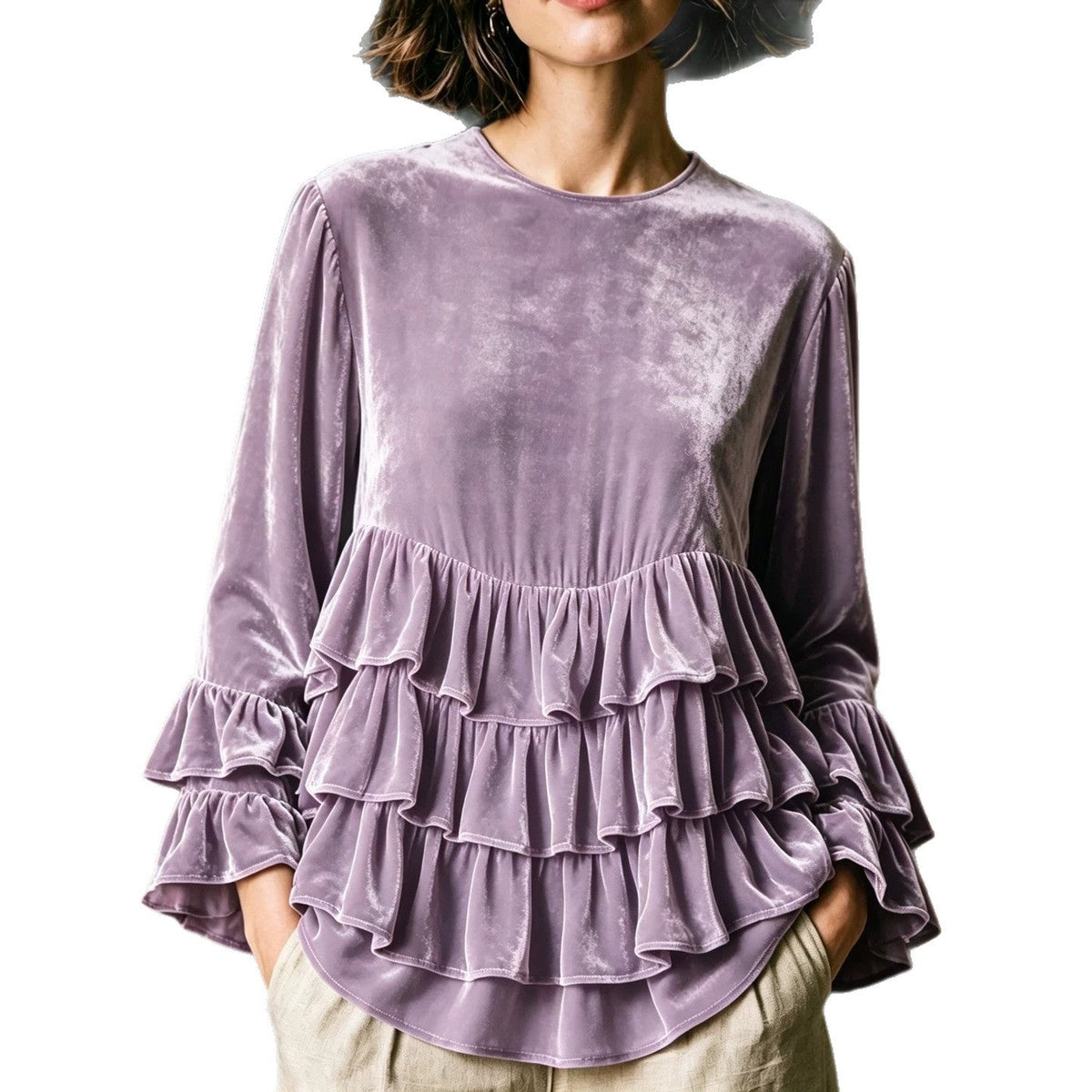 Women's long-sleeve solid-color crew-neck top with ruffle trim and loose fit