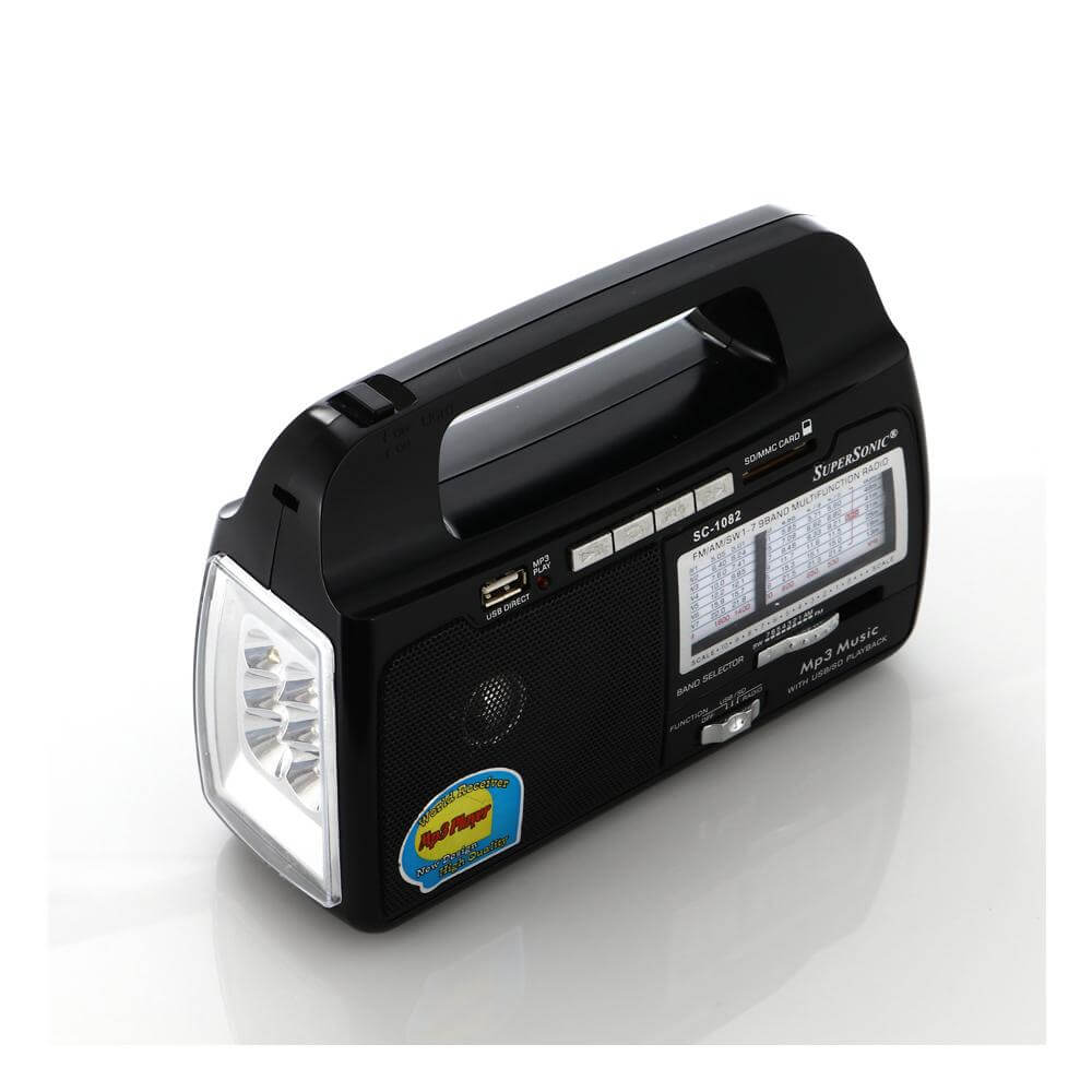 Supersonic 9 Band AM/FM/SW1-7 portable radio with built-in torch light, compact device with tuning dial and antenna.