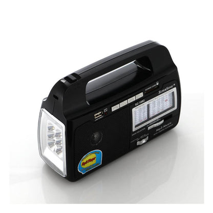 Supersonic 9 Band AM/FM/SW1-7 portable radio with built-in torch light, compact device with tuning dial and antenna.