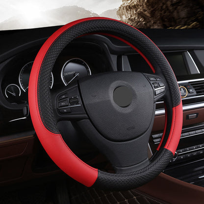 Universal leather car steering wheel cover in black, showing textured grip and stitched edge detail