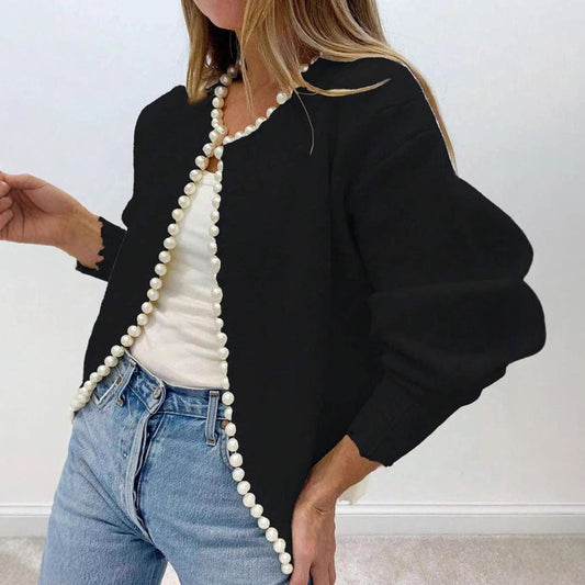 Women's 2026 pearl trim knit cardigan coat with round neck and short long sleeves