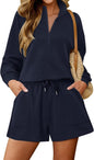 KISSMODA women's lounge set with matching sweatshirt top and shorts, comfortable casual sweatsuit for relaxed wear.