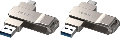 Lexar D40E 128GB dual USB 3.2 Gen 1 Type-C jump drive in champagne silver, showing sleek design and USB ports.