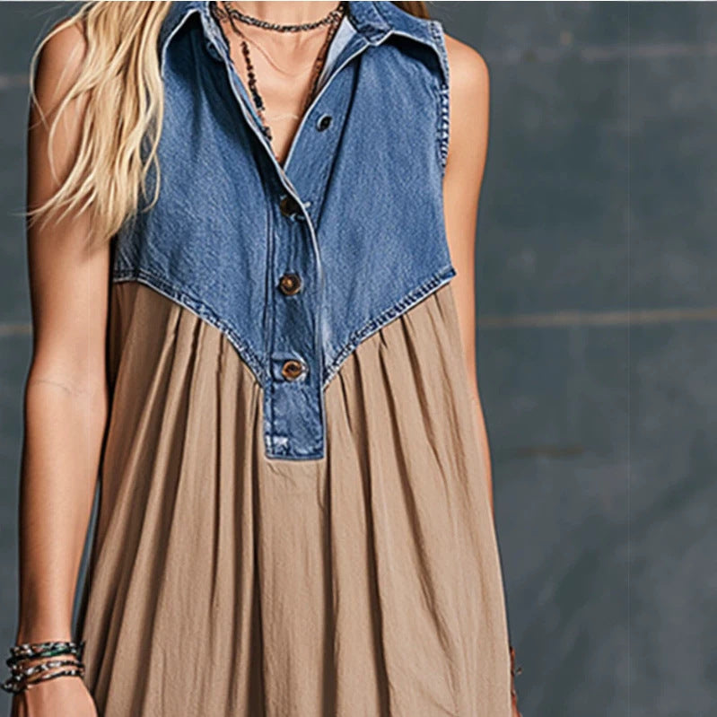 Women's blue denim patchwork dress with fashionable panel design