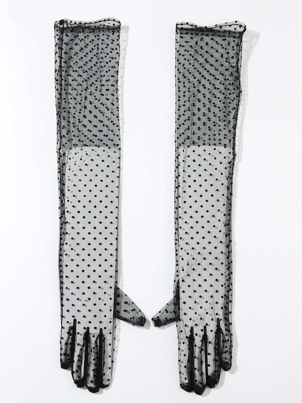 Women's polka-dot extended lace gloves in black and white lace with long cuffs