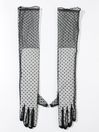 Women's polka-dot extended lace gloves in black and white lace with long cuffs