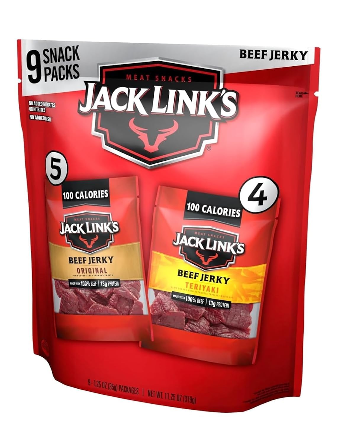 Jack Link's Beef Jerky Variety Pack with 9 packs of Original and Teriyaki flavors, 1.25 oz each, displayed in a clear package.