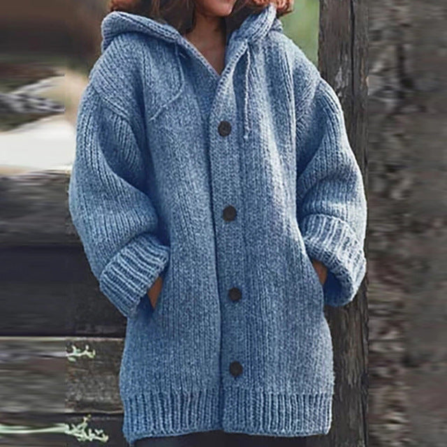 Warm sweater coat in soft knit fabric, shown from the front
