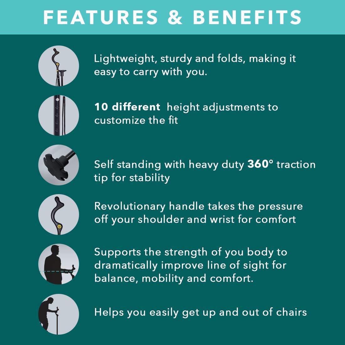 Collapsible posture walking cane, adjustable black cane with ergonomic handle and compact folding design
