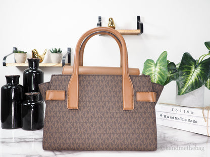 Michael Kors Carmen Signature Brown Satchel with top handles and gold-tone hardware, crafted from textured leather.