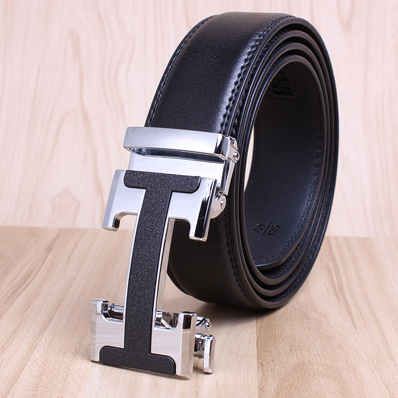 Men's genuine leather belt with automatic buckle in black and brown tones