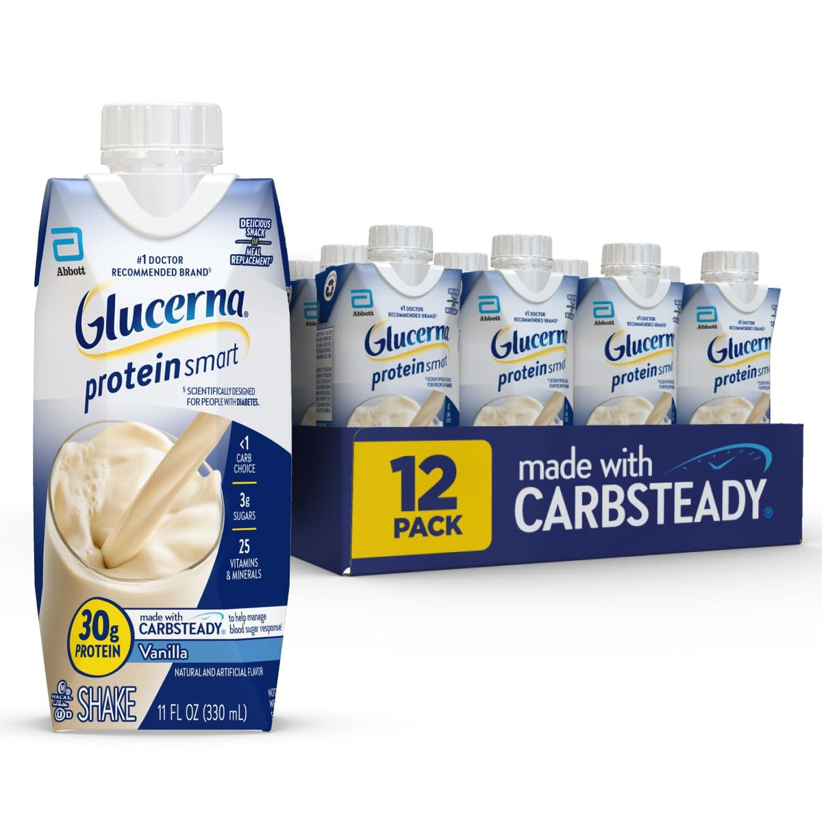 Glucerna Protein Smart Diabetes Nutrition Shake bottle for blood sugar management, with nutritional label and shake poured in glass.