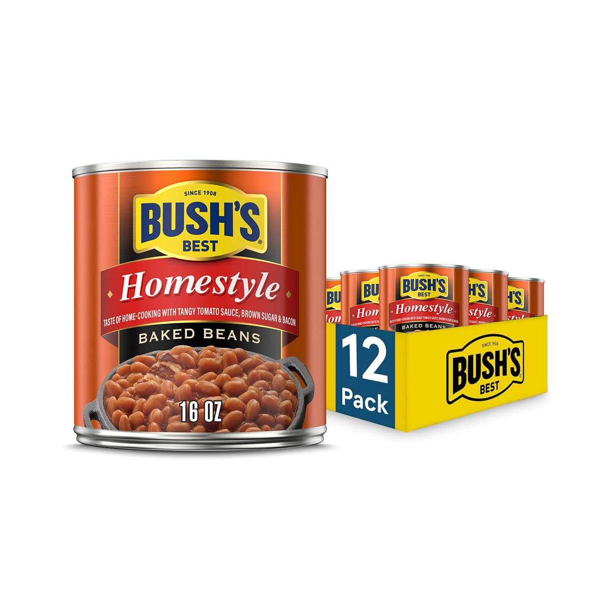 Cans of Bush's Best Maple Cured Bacon Baked Beans, 16 oz, stacked in a pack of 12, showing the product label and can design.