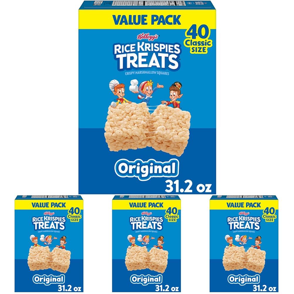 Rice Krispies Treats cereal bars with crispy marshmallow squares, original flavor, 12.4oz box with 16 bars.