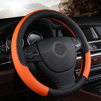 Universal leather car steering wheel cover in black with textured grip detailing