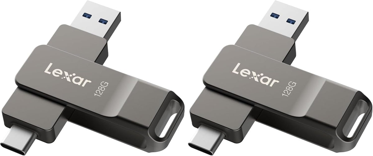 Lexar D40E 128GB dual USB 3.2 Gen 1 Type-C flash drive in champagne silver with sleek design.