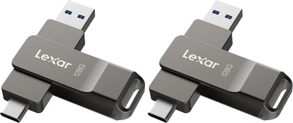 Lexar D40E 128GB dual USB 3.2 Gen 1 Type-C flash drive in champagne silver with sleek design.