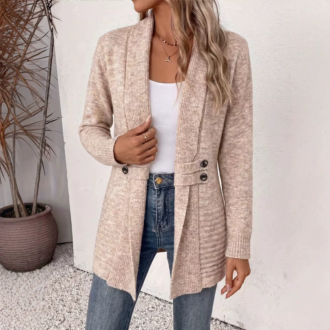 Casual double-breasted decorative belt cardigan, mid-length versatile sweater in lazy style####