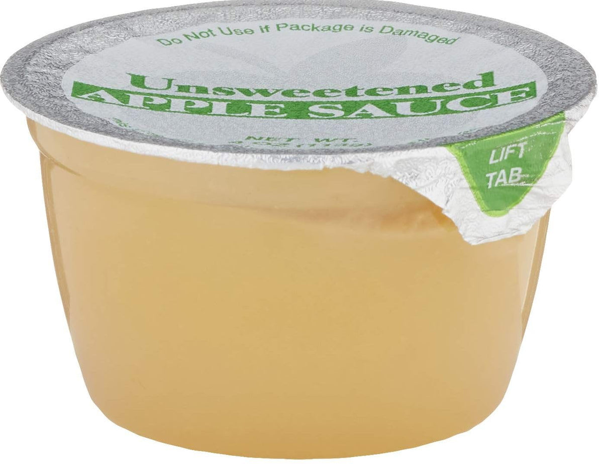 Six 4 oz Amazon Grocery unsweetened applesauce cups, showing clear plastic containers with label and apple image.