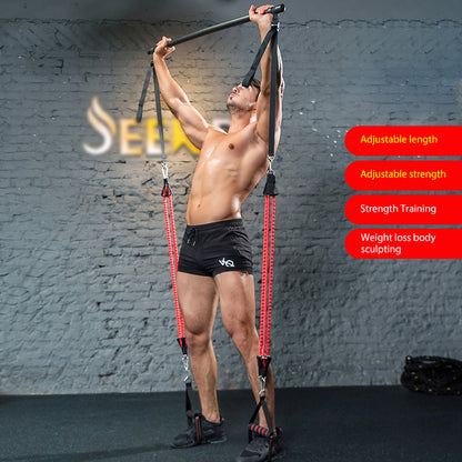 Body workout trainer bar with resistance bands and rubber buckles, shown assembled for home exercise