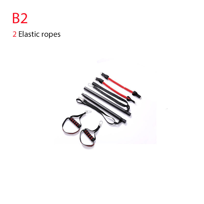 Body workout trainer bar with resistance bands and rubber buckles, shown assembled for home exercise