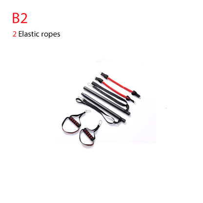 Body workout trainer bar with resistance bands and rubber buckles, shown assembled for home exercise