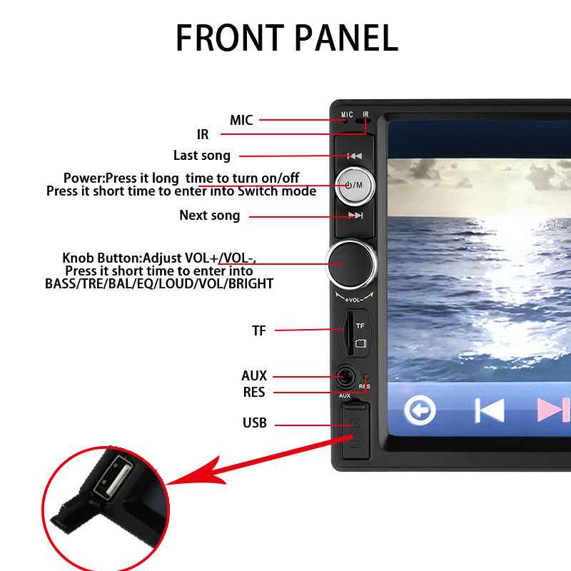 Car MP5 player dashboard unit with touchscreen display and media controls