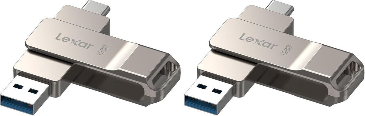Lexar D40E 128GB dual USB 3.2 Gen 1 Type-C flash drive in champagne silver, showing the sleek metallic design and compact size.