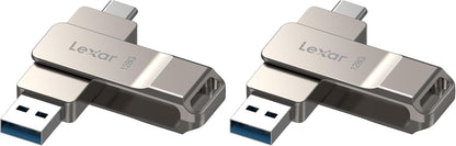 Lexar D40E 128GB dual USB 3.2 Gen 1 Type-C flash drive in champagne silver, showing the sleek metallic design and compact size.