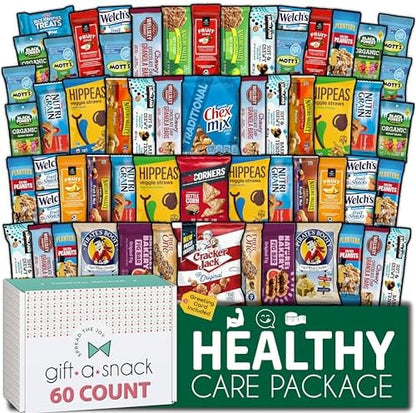 Nut Cravings healthy snack box variety pack with assorted snacks and a 60-count greeting card for care packages or gifts.